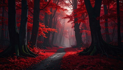 Atmospheric photo of a dark red forest, eerie lighting, and creepy surreal ambiance, evoking fantasy or horror vibes in a moody autumn landscape.