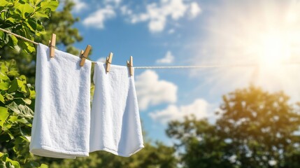 Towels drying sunny outdoors, nature background, fresh laundry