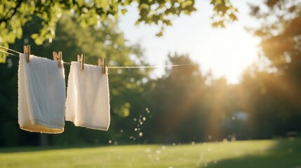 Towels drying outdoors, sunny park background, summer freshness