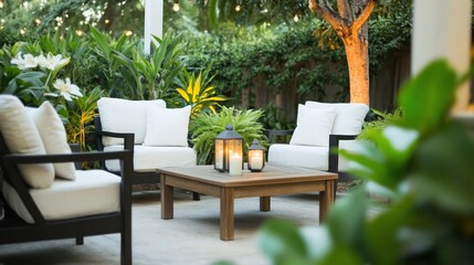 Tranquil patio furniture at dusk, garden backdrop