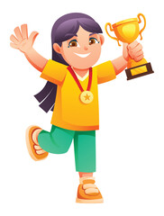 Excited girl champion holding a gold trophy and medal, running or jumping in an overjoyed and happy posture. Vector cartoon illustration