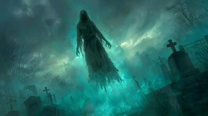 Mysterious spectral figure floats above a spooky graveyard at night, illuminated by an ethereal turquoise glow amidst a misty and cloudy atmosphere.
