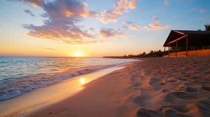 Tropical sunset beach hut tranquil ocean scene