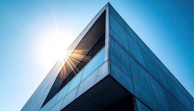 Modern Building Corner With Sunlight Against Blue Sky Low Angle View