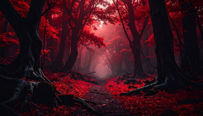 Atmospheric photo of a dark red forest, eerie lighting, and creepy surreal ambiance, evoking fantasy or horror vibes in a moody autumn landscape.