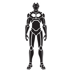 Fototapeta premium Futuristic humanoid robot standing upright in a sleek black metallic exoskeleton with glowing blue accents on white background