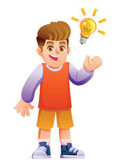 Smiling boy has a great idea with a glowing lightbulb popping up above his head. He looks happy and excited. Vector cartoon illustration