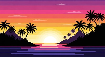 Dramatic sunset over a calm sea framed by silhouettes of palm trees and small islands, with warm colors transitioning across the sky reflecting in the water, creating a peaceful, tranquil scene.