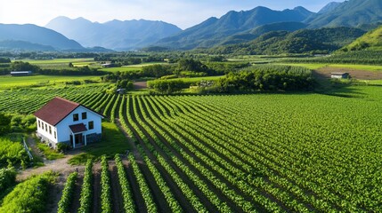 Vineyard house, mountain valley, sunny day, agriculture