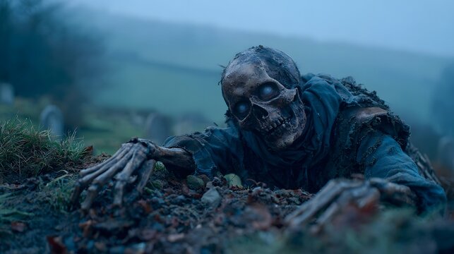Creepy skeletal figure emerges from the ground in a misty, graveyard setting, featuring glowing eyes and tattered clothing, evoking a sense of horror, the environment dominated by muted blue  - Powered by Adobe