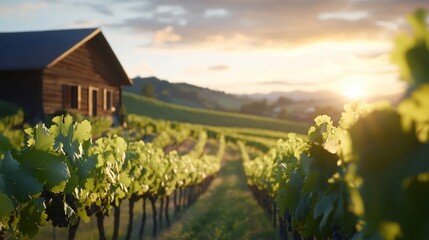 Vineyard sunset, cabin, hills, idyllic rural scene