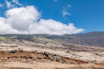 Hawaii Route 31 / Pi'ilani Highway, island of Maui, Hawaii. Haleakalā / East Maui Volcano, is a shield volcano. Lava flows, Kula Volcanics

