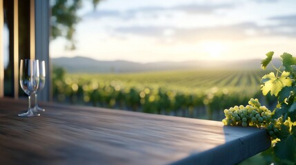 Vineyard sunset, wine glasses, grapes, tasting