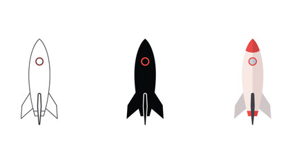 Vector art of three rocket icons in different styles outline, solid, and color