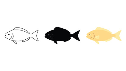 Vector art of three fish in different styles outline, silhouette, and color