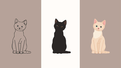 Vector art of three cats in different styles outline, silhouette, and color