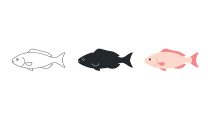 Vector art of three fish icons, representing different styles and colors