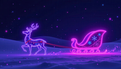 Vibrant purple neon sleigh is being pulled by glowing reindeer, both adorned with festive decorations. scene is set against dark, starry background, creating magical winter atmosphere