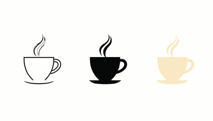 Vector art of three coffee cups in different styles, a line drawing, a silhouette and a color illustration