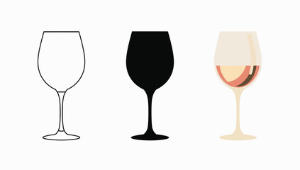 Vector art of three wine glass icons showing a line drawing, a silhouette, and a colored version