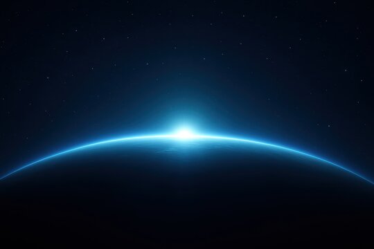 Epic sci fi planet rim glow with radiant blue light cresting over horizon atmospheric scattering and star dust field delivering a futuristic widescreen abstract background - Powered by Adobe