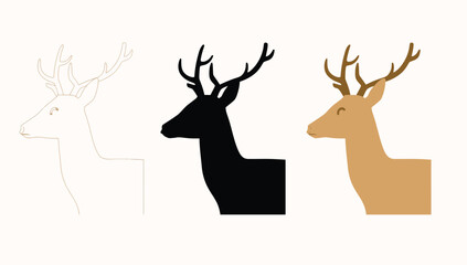 Vector art of three deer heads in different styles, outline, silhouette, and color