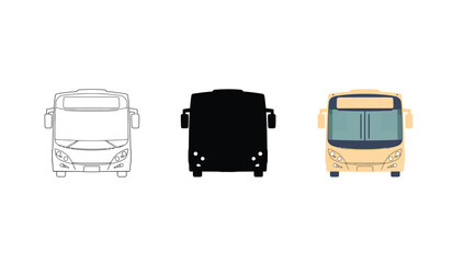 Vector art of three bus icons, outline, silhouette, and color version
