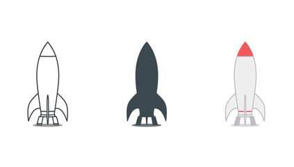 Vector art of three rocket icons, outline, silhouette, and color version