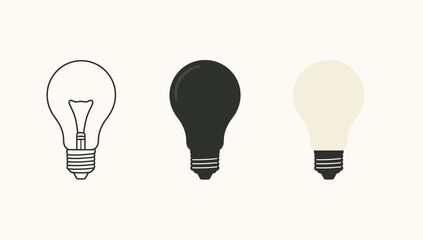 Vector art of three light bulbs in different styles, outline, silhouette, and filled