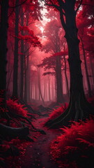 Atmospheric photo of a dark red forest, eerie lighting, and creepy surreal ambiance, evoking fantasy or horror vibes in a moody autumn landscape.
