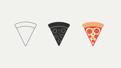 Vector art of three pizza slices in different styles, outline, silhouette, and filled