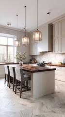 Modern kitchen design featuring a spacious layout with elegant lighting, a wooden island, and stylish chairs, creating a cozy atmosphere for cooking and dining.