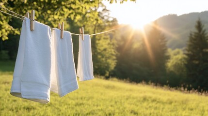 White towels drying on clothesline, sunset, rural landscape, freshness