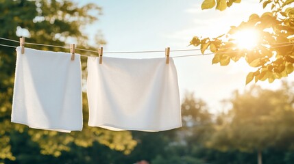 White towels drying outdoors, sunny day