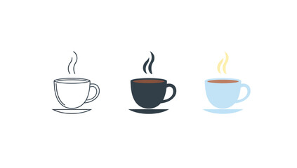 Vector art of three cups of coffee, in different styles outline, silhouette, and color
