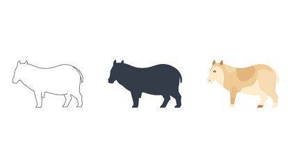 Vector art of three different styles of capybara illustration outline, silhouette, and color