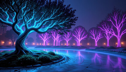Vibrant scene featuring glowing tree surrounded by illuminated trees in serene park at night. neon blue and pink lights create magical atmosphere, enhancing beauty of nature