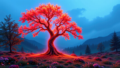 Vibrant tree with glowing pink and orange leaves stands majestically in serene landscape. background features rolling hills and twilight sky, creating magical atmosphere