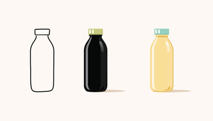 Vector art of three milk bottles in different styles outline, silhouette, and color