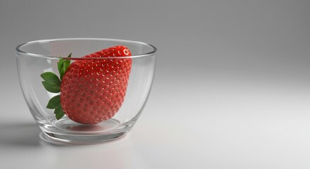Vibrant red strawberry, featuring visible seeds and a green leafy stem, is nestled in a clear, transparent glass bowl, isolated against a seamless, minimalist white background, with soft lighting...