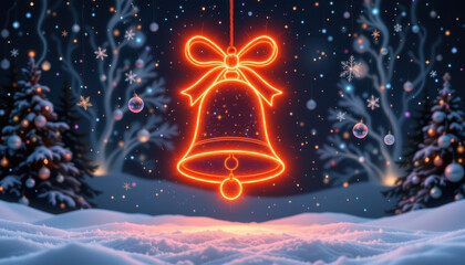 Glowing orange bell ornament hangs in snowy winter landscape, surrounded by sparkling snowflakes and festive decorations. scene evokes warm, cheerful holiday spirit
