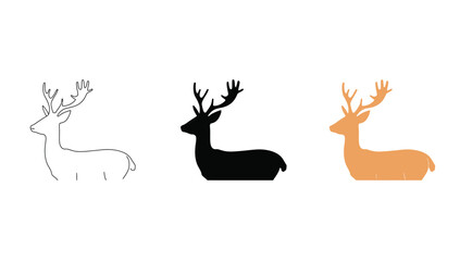 Vector art of three deer lying, line art, silhouette and color illustration