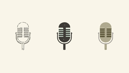 Vector art of three vintage microphone icons in different styles on a light beige background