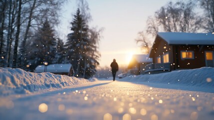 Winter sunset walk, snowy village