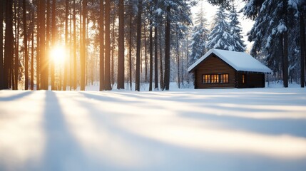 Winter cabin sunset snow forest landscape