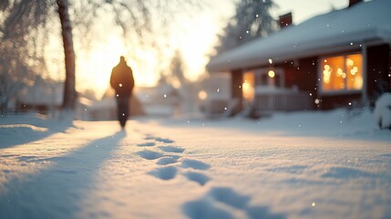 Winter sunset walk, snowy yard, home lights