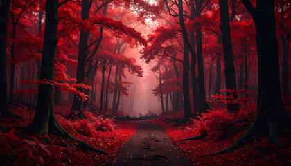 Atmospheric photo of a dark red forest, eerie lighting, and creepy surreal ambiance, evoking fantasy or horror vibes in a moody autumn landscape.