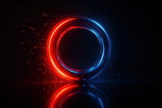 Futuristic ring of electric red and cyan light with speed streaks and subtle particles delivering a high tech cinematic centerpiece for innovation themed websites apps and presentations