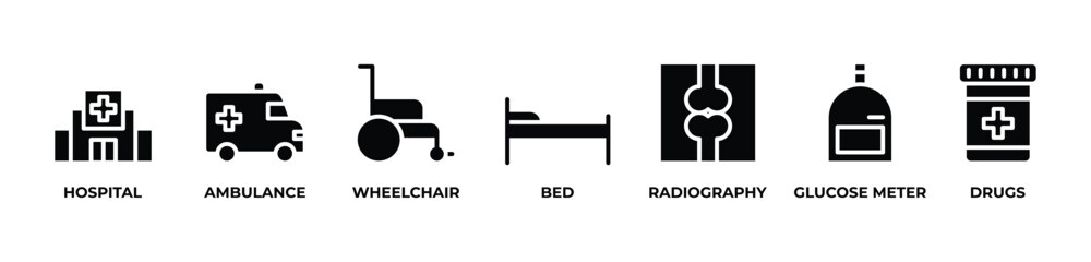 From Ambulance to Recovery Icons set vector illustration with HOSPITAL, AMBULANCE, WHEELCHAIR, BED, RADIOGRAPHY, GLUCOSE METER, DRUGS