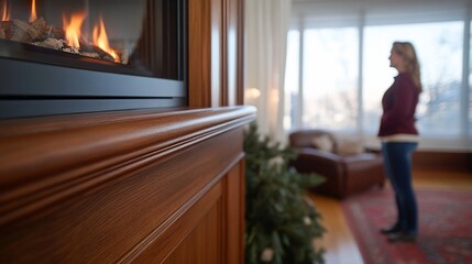 Woman by fireplace, winter view. Home interior design